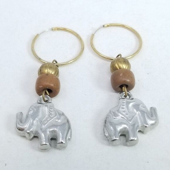 Vintage Elephant Charm Dangle Hoop Earrings, Silver Tone Beaded Boho, Estate - Picture 5 of 5